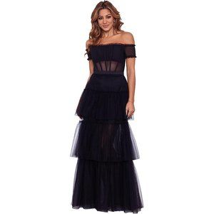 BETSY & ADAM Ruffle Off the Shoulder Tiered Ballgown in Black Size US 6